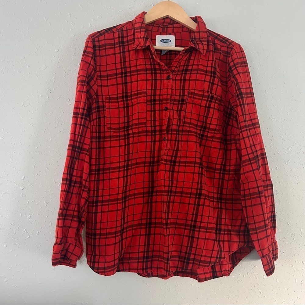 🦋 Old Navy Orange Red and Black Plaid Button Down Shirt Casual Fall Large